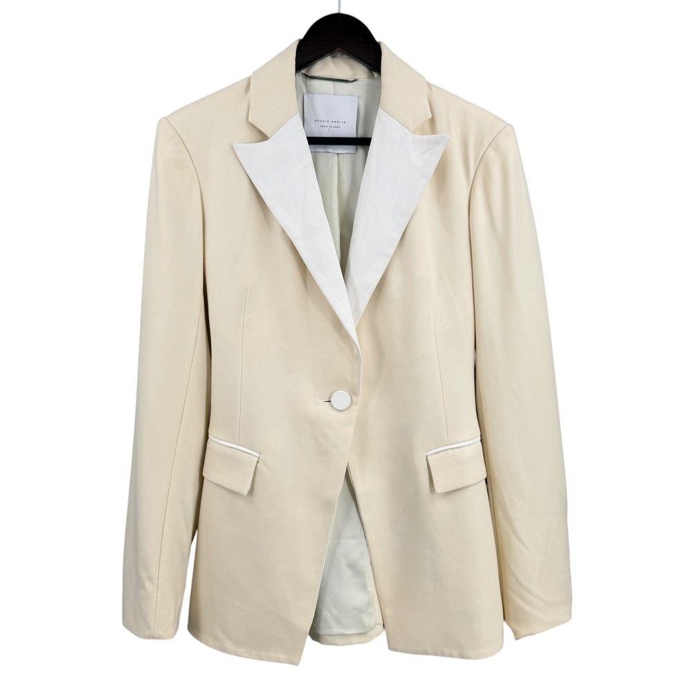 Studio‎ Amelia Blazer Cream Wool One Button Size 4 Tuxedo Jacket Peak Lapel